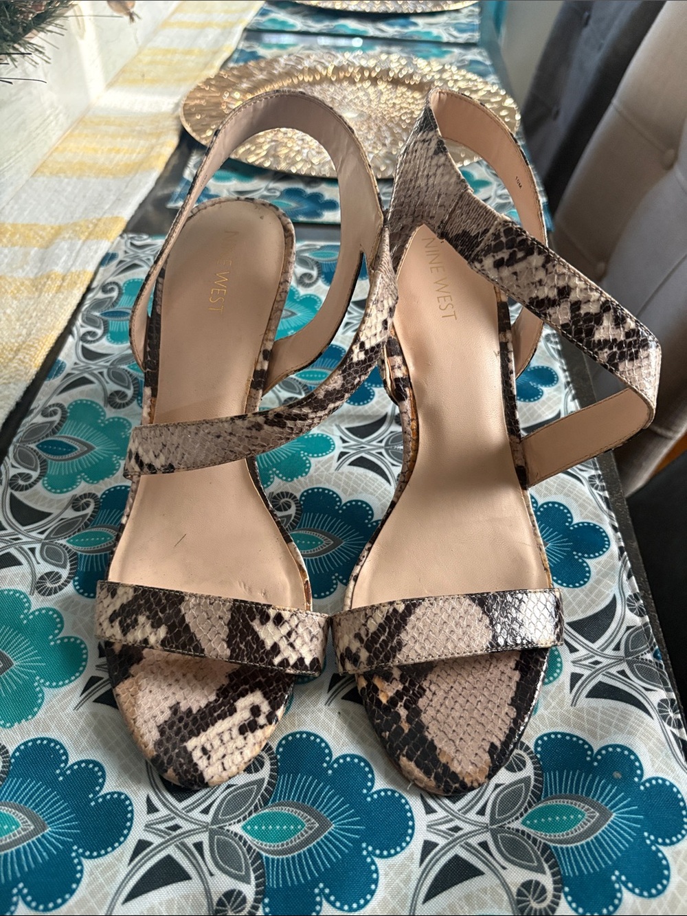 Nine West Snake-Print Slingback Heels in Beige and Black